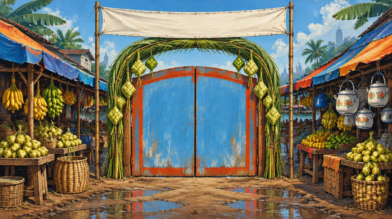 Gerbang pasar: dua daun pintu tripleks biru di bawah lengkung janur dan ketupat, lapak pisang dan ceret di kiri kanan