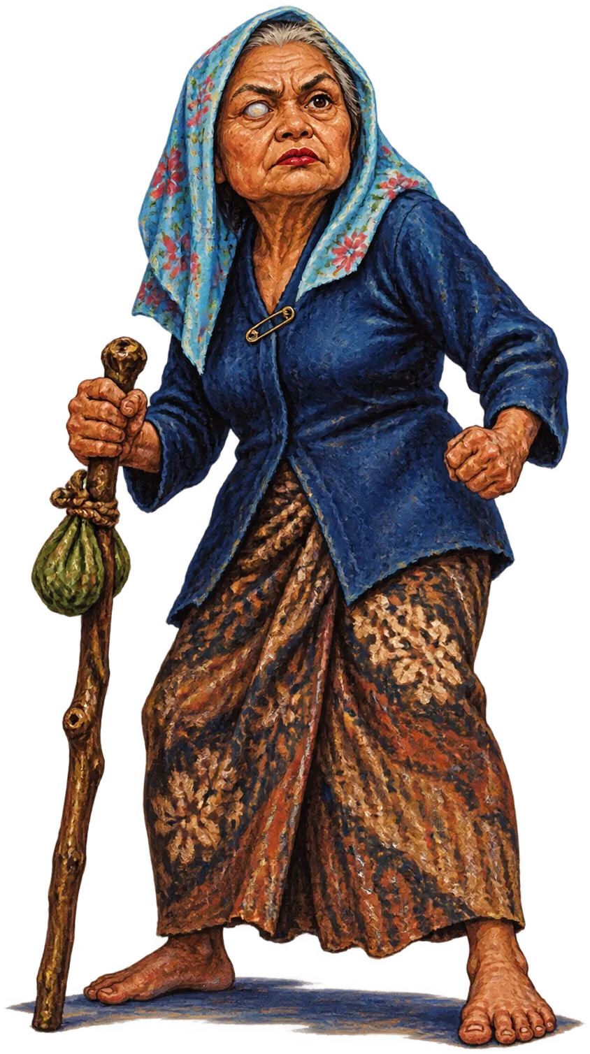 Nyai Rukiyah berdiri bertumpu tongkat sirih, satu mata berkabut, kepalan siap di pinggang
